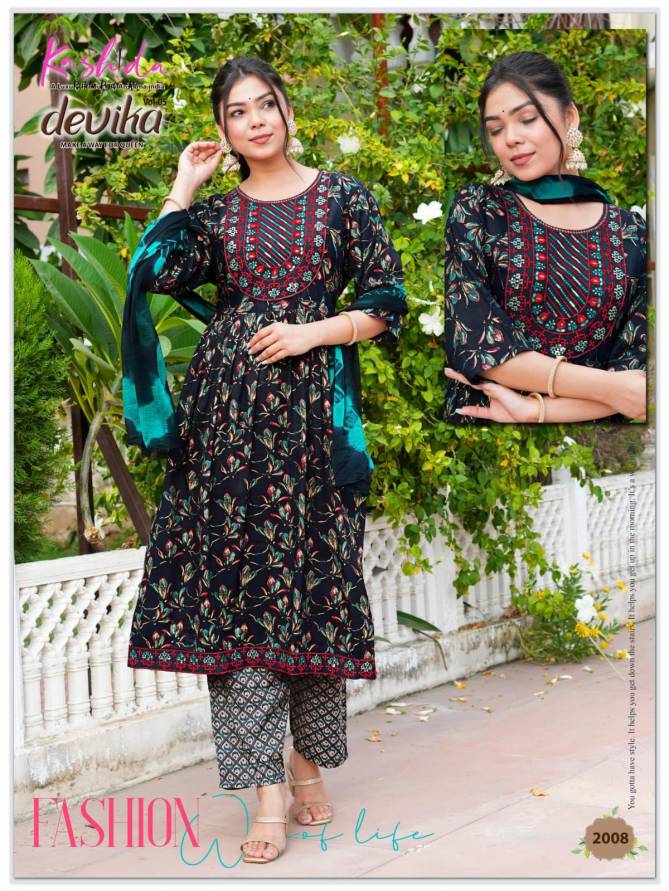 Devika Vol 5 By Kashida Capsule Foil Printed Naira Cut Kurti With Bottom Dupatta Wholesale Online